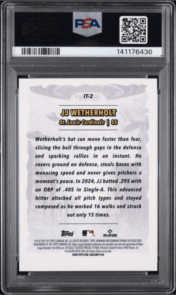 Graded 2025 Topps Bowman Chrome JJ Wetherholt #IT2 It Came to the League Rookie RC Baseball Card PSA 10 Gem Mint