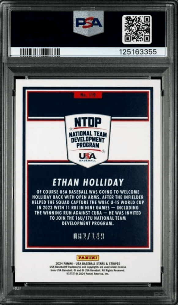 Graded 2024 Panini Stars & Stripes USA Ethan Holliday #110 Blue /149 Rookie RC Baseball Card PSA 10 Gem Mint