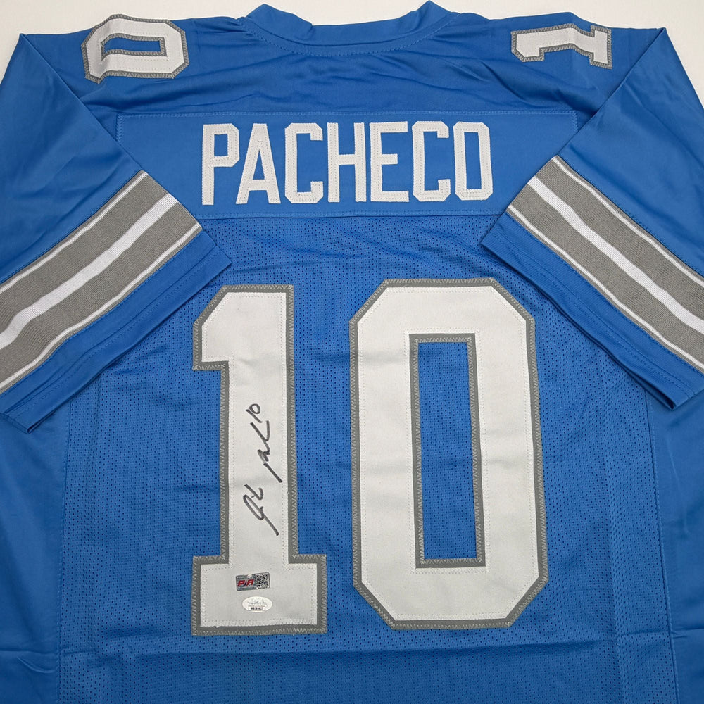 Autographed/Signed Isiah Pacheco Detroit Blue Football Jersey JSA COA