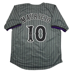 Autographed/Signed Ronny Mauricio New York Grey Pinstripe City Connect Baseball Jersey Beckett BAS COA