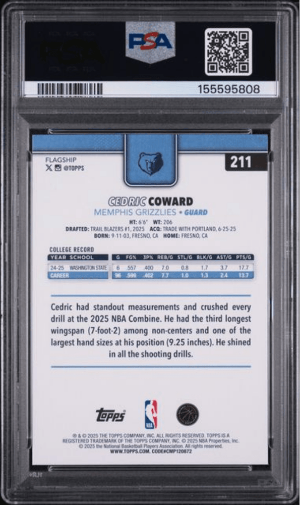Graded 2025 Topps Cedric Coward #211 Rookie RC Basketball Card PSA 10 Gem Mint