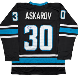 Autographed/Signed Yaroslav Askarov San Jose Black Hockey Jersey Beckett BAS COA