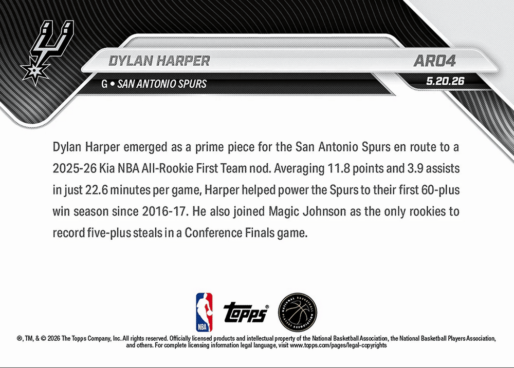 2025 Topps Now Dylan Harper #AR04 2025-26 KIA NBA All Rookie First Team Selection San Antonio Spurs Rookie RC Basketball Card (ONLINE ORDER ONLY)