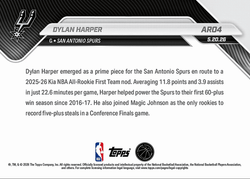 2025 Topps Now Dylan Harper #AR04 2025-26 KIA NBA All Rookie First Team Selection San Antonio Spurs Rookie RC Basketball Card (ONLINE ORDER ONLY)
