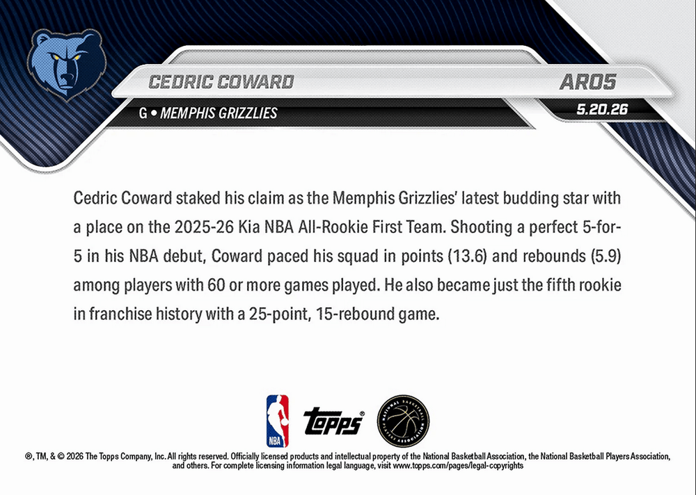 2025 Topps Now Cedric Coward #AR05 2025-26 KIA NBA All Rookie First Team Selection Memphis Grizzlies Rookie RC Basketball Card (ONLINE ORDER ONLY)