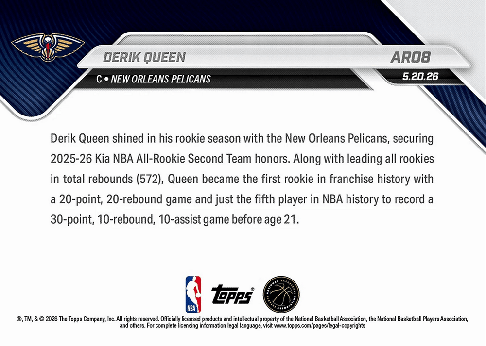 2025 Topps Now Derik Queen #AR08 2025-26 KIA NBA All Rookie Second Team Selection New Orleans Pelicans Rookie RC Basketball Card (ONLINE ORDER ONLY)