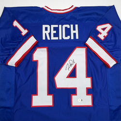 Autographed/Signed Frank Reich Buffalo Blue Football Jersey Beckett BAS COA (ONLINE ORDER ONLY)