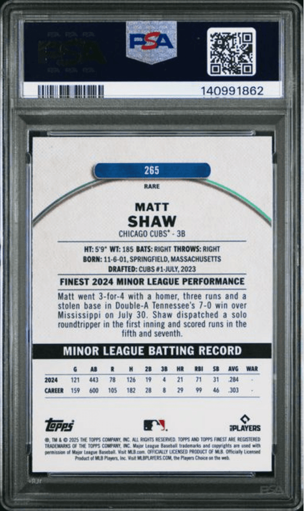 Graded 2025 Topps Finest Matt Shaw #265 Blue Refractor /99 Rookie RC Baseball Card PSA 10 Gem Mint