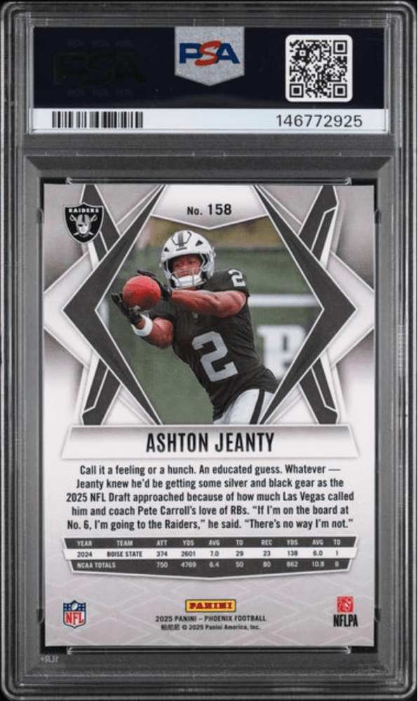 Graded 2025 Panini Phoenix Ashton Jeanty #158 Silver Pyramids Rookie RC Football Card PSA 10 Gem Mint