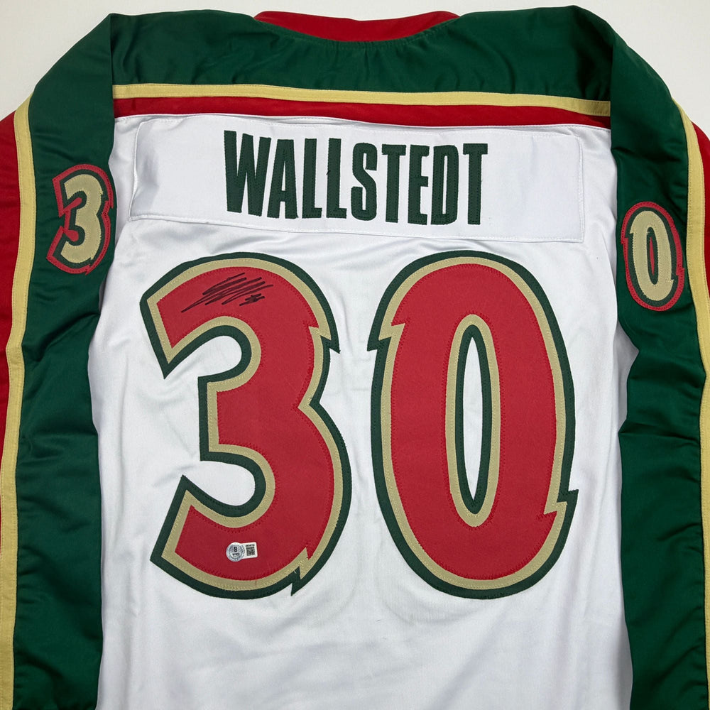 Autographed/Signed Jesper Wallstedt Minnesota White 25th Anniversary Hockey Jersey Beckett BAS COA