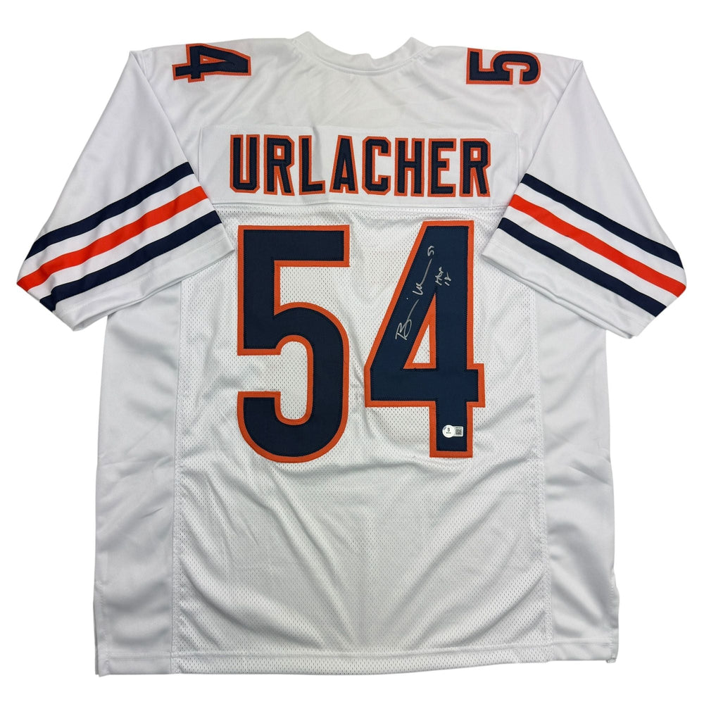 Autographed/Signed Brian Urlacher HOF 18 Chicago White Football Jersey Beckett BAS COA