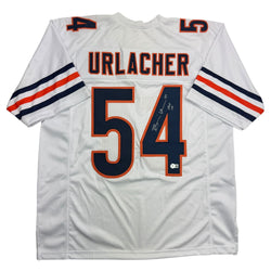 Autographed/Signed Brian Urlacher HOF 18 Chicago White Football Jersey Beckett BAS COA