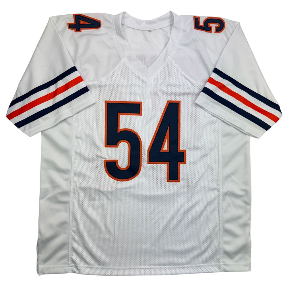 Autographed/Signed Brian Urlacher HOF 18 Chicago White Football Jersey Beckett BAS COA