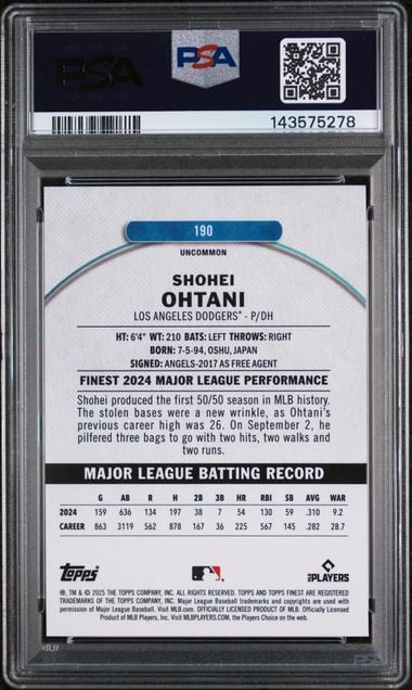 Graded 2025 Topps Finest Shohei Ohtani #190 Baseball Card PSA 10 Gem Mint