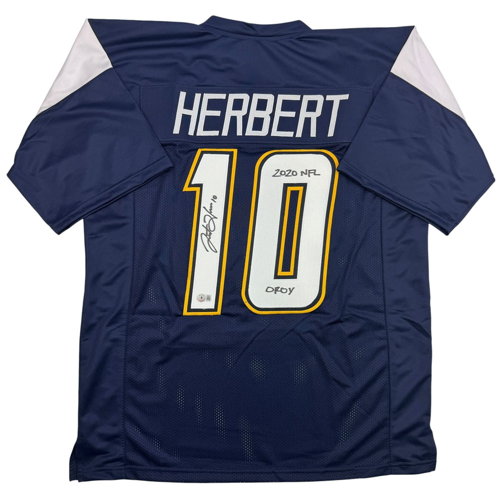 Autographed/Signed Justin Herbert 2020 ROY Los Angeles San Diego Navy Blue Football Jersey Beckett BAS COA (ONLINE ORDER ONLY)