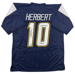 Autographed/Signed Justin Herbert 2020 ROY Los Angeles San Diego Navy Blue Football Jersey Beckett BAS COA (ONLINE ORDER ONLY)