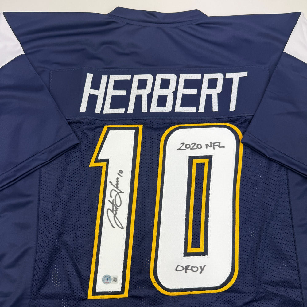 Autographed/Signed Justin Herbert 2020 ROY Los Angeles San Diego Navy Blue Football Jersey Beckett BAS COA (ONLINE ORDER ONLY)