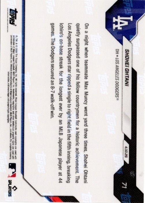2026 Topps Now Shohei Ohtani #71 Gold Foil /50 Longest On Base Streak Ever By Japanese Player Los Angeles Dodgers Baseball Card
