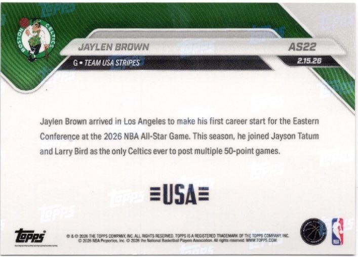 2025 Topps Now Jaylen Brown #AS22 Platinum Member Stamp 2026 NBA All Star 5th Selection Boston Celtics Basketball Card