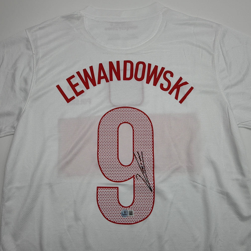 Autographed/Signed Robert Lewandowski Poland White Soccer Futbol Jersey Beckett BAS COA