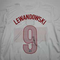 Autographed/Signed Robert Lewandowski Poland White Soccer Futbol Jersey Beckett BAS COA