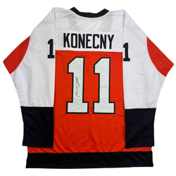 Autographed/Signed Travis Konecny Philadelphia Orange Hockey Jersey JSA COA