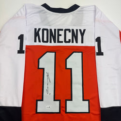Autographed/Signed Travis Konecny Philadelphia Orange Hockey Jersey JSA COA