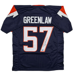 Autographed/Signed Dre Greenlaw Denver Blue Football Jersey Beckett BAS COA