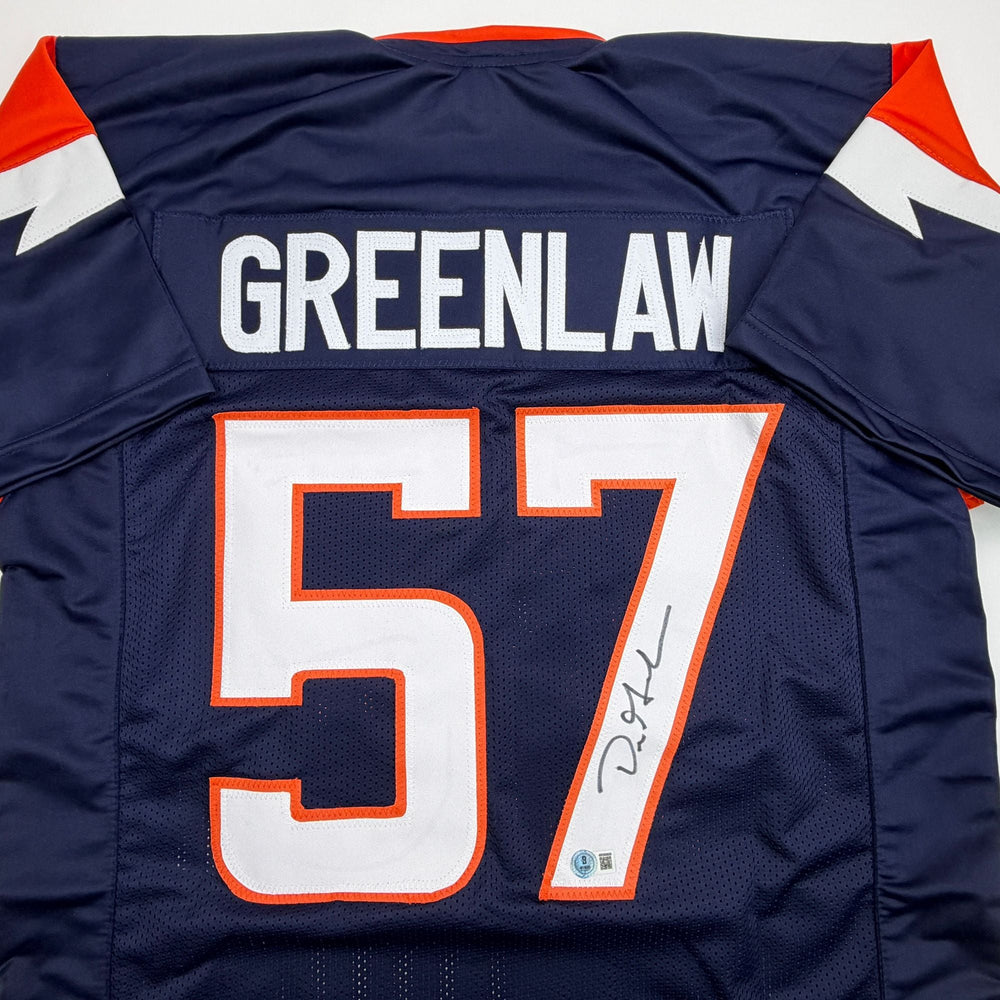 Autographed/Signed Dre Greenlaw Denver Blue Football Jersey Beckett BAS COA
