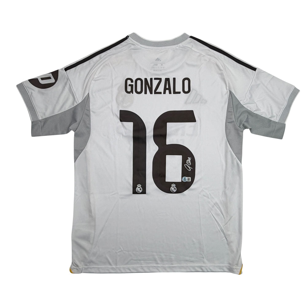 Autographed/Signed Gonzalo Garcia Real Madrid White Soccer Futbol Jersey Beckett BAS COA (ONLINE ORDER ONLY)