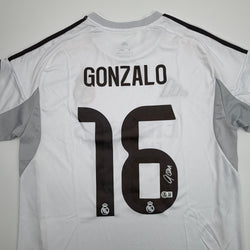 Autographed/Signed Gonzalo Garcia Real Madrid White Soccer Futbol Jersey Beckett BAS COA (ONLINE ORDER ONLY)