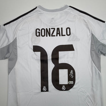 Autographed/Signed Gonzalo Garcia Real Madrid White Soccer Futbol Jersey Beckett BAS COA (ONLINE ORDER ONLY)