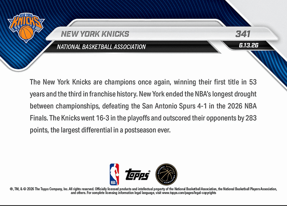2025 Topps Now New York Knicks #341 Job Finished: Franchise Captures 1st NBA Championship Since 1973 Basketball Card (ONLINE ORDER ONLY)