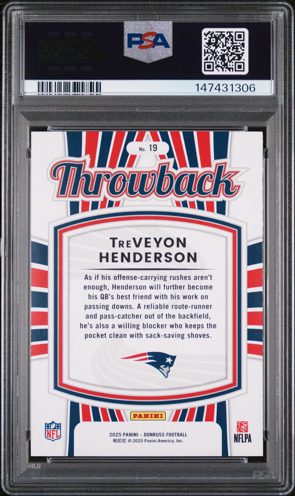 Graded 2025 Panini Donruss TreVeyon Henderson #19 Rated Rookies Throwback Rookie RC Football Card PSA 10 Gem Mint
