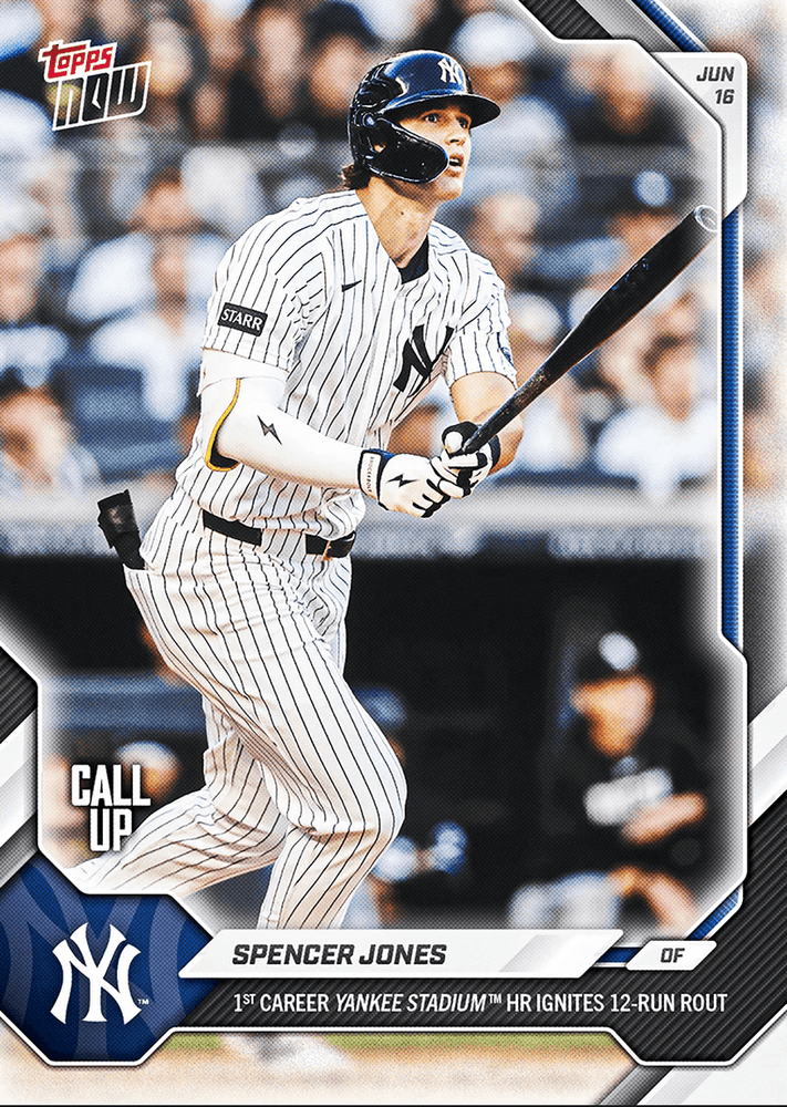 2026 Topps Now Spencer Jones #342 1st Career Yankee Stadium Home Run Ignites 12 Run Rout New York Yankees Rookie RC Baseball Card (ONLINE ORDER ONLY)