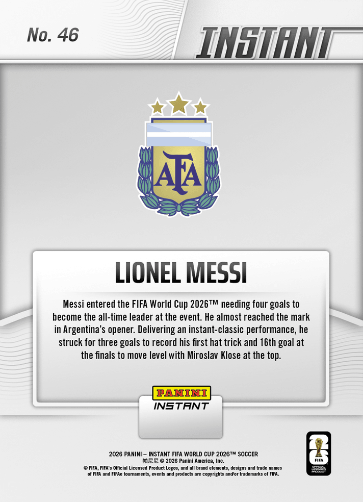 2026 Panini Instant FIFA World Cup Lionel Messi #46 Hats Off: Magical Messi Ties Goals Record Argentina Soccer Card (ONLINE ORDER ONLY)