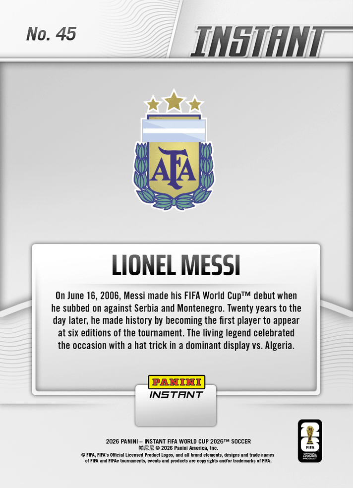 2026 Panini Instant FIFA World Cup Lionel Messi #45 Argentinian Ace Sharper Than Ever in Sixth Finals Argentina Soccer Card (ONLINE ORDER ONLY)