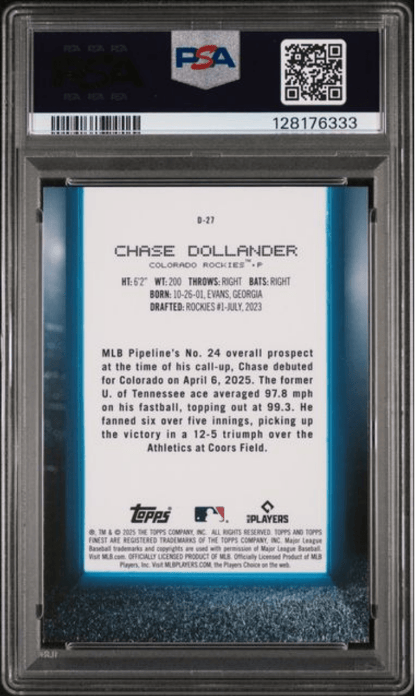 Graded 2025 Topps Finest Chase Dollander #D27 Debut Purple Refractor /125 Rookie RC Baseball Card PSA 10 Gem Mint