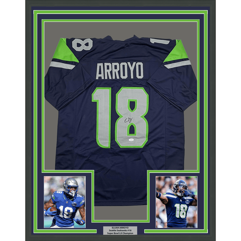 Framed Autographed/Signed Elijah Arroyo 35x39 Seattle Navy Blue Football Jersey JSA COA