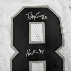 Framed Autographed/Signed Ray Guy HOF 14 35x39 Oakland Las Vegas White Football Jersey JSA COA