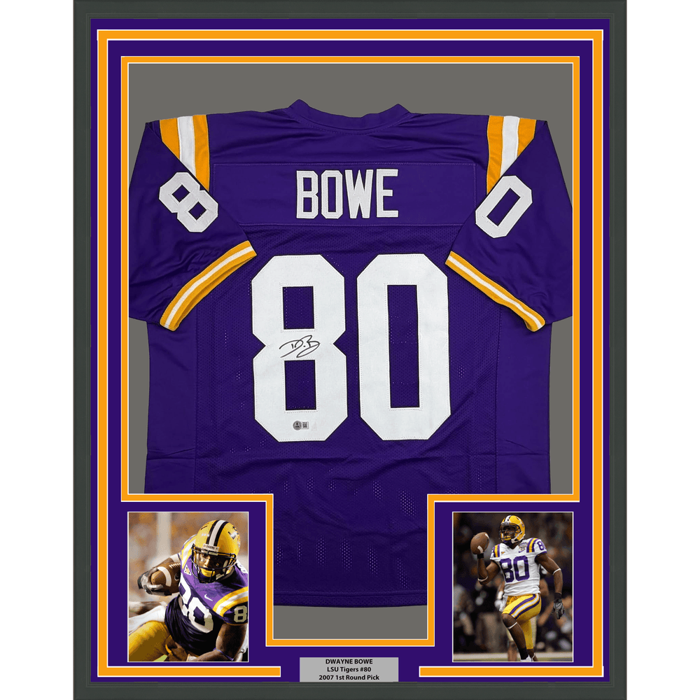 Framed Autographed/Signed Dwayne Bowe 35x39 LSU Purple College Football Jersey Beckett BAS COA