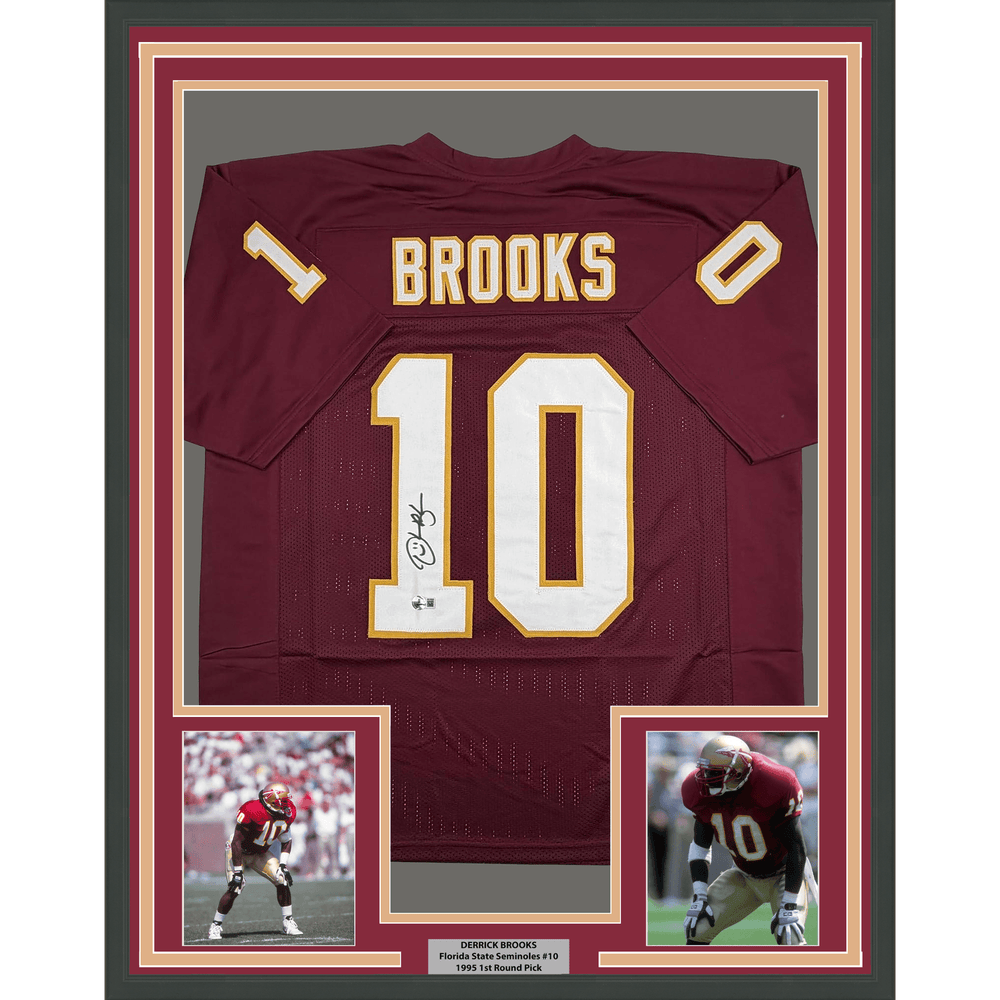 Framed Autographed/Signed Derrick Brooks 35x39 Florida State FSU Maroon College Football Jersey Beckett BAS COA