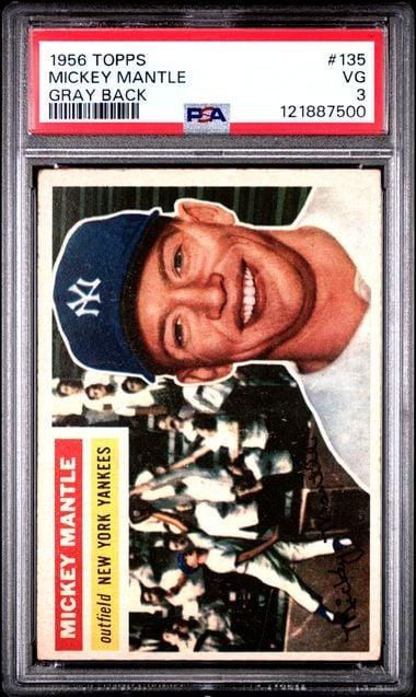 Graded 1956 Topps Mickey Mantle #135 Gray Back Baseball Card PSA 3 Very Good