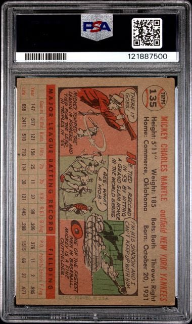 Graded 1956 Topps Mickey Mantle #135 Gray Back Baseball Card PSA 3 Very Good