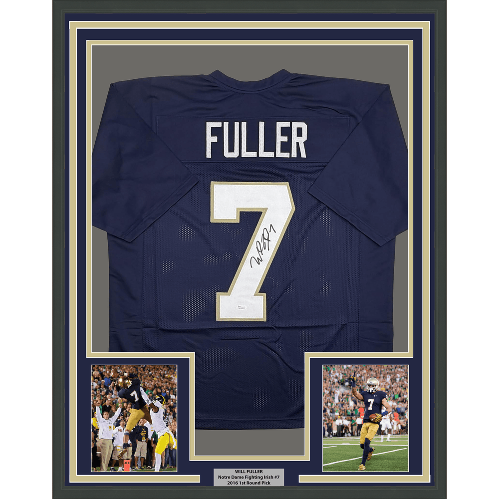 Framed Autographed/Signed Will Fuller 35x39 Notre Dame Blue College Football Jersey JSA COA