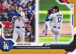 2026 Topps Now Shohei Ohtani #226 Orange Foil /25 1st Pitch Home Run Sets Tone for 5 Shutout IP & Victory Los Angeles Dodgers Baseball Card