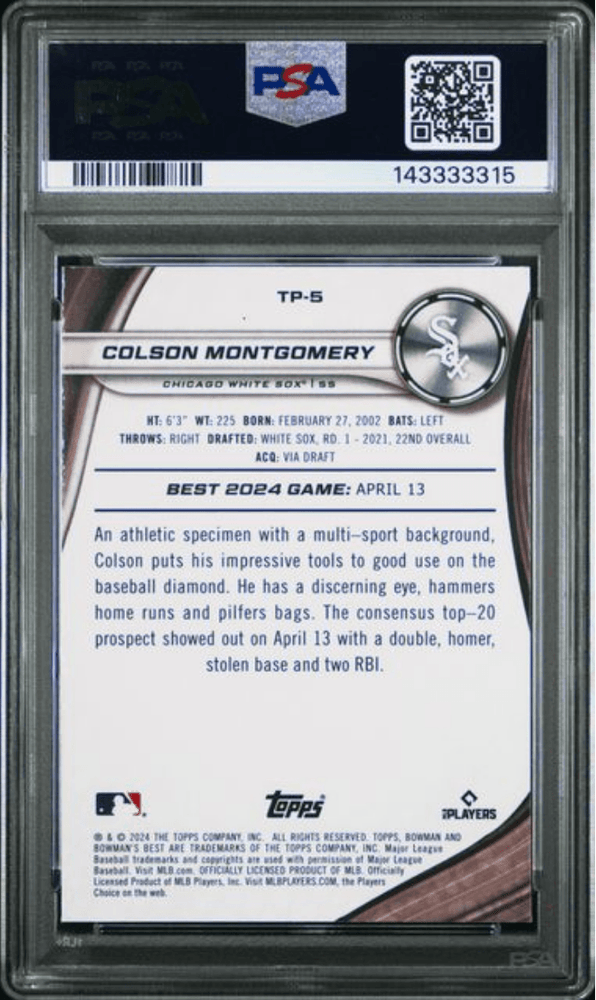 Graded 2024 Topps Bowmans Best Colson Montgomery #TP5 Top Prospects Wave Rookie RC Baseball Card PSA 10 Gem Mint