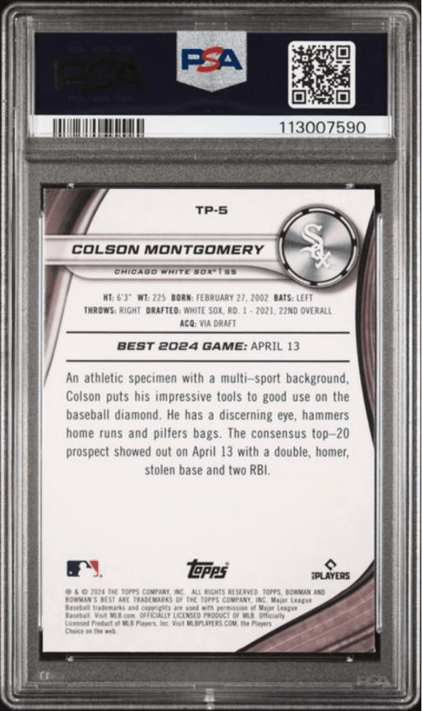 Graded 2024 Topps Bowmans Best Colson Montgomery #TP5 Top Prospects Blue Xfractor /150 Rookie RC Baseball Card PSA 10 Gem Mint