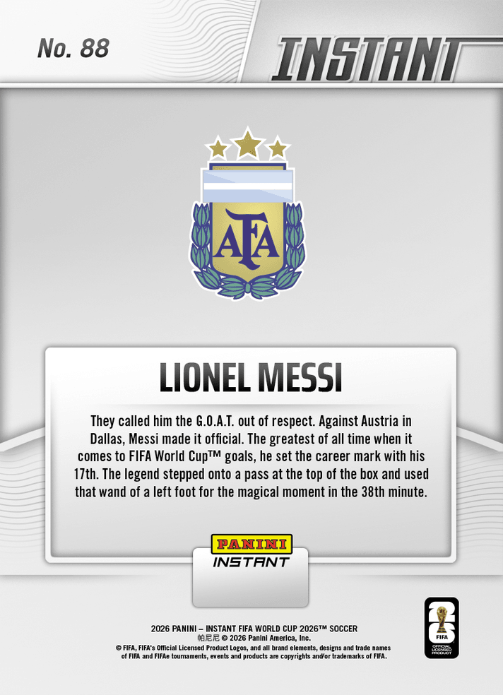 2026 Panini Instant FIFA World Cup Lionel Messi #88 Argentina Legend Sets FIFA World Cup Goals Mark Argentina Soccer Card (ONLINE ORDER ONLY)