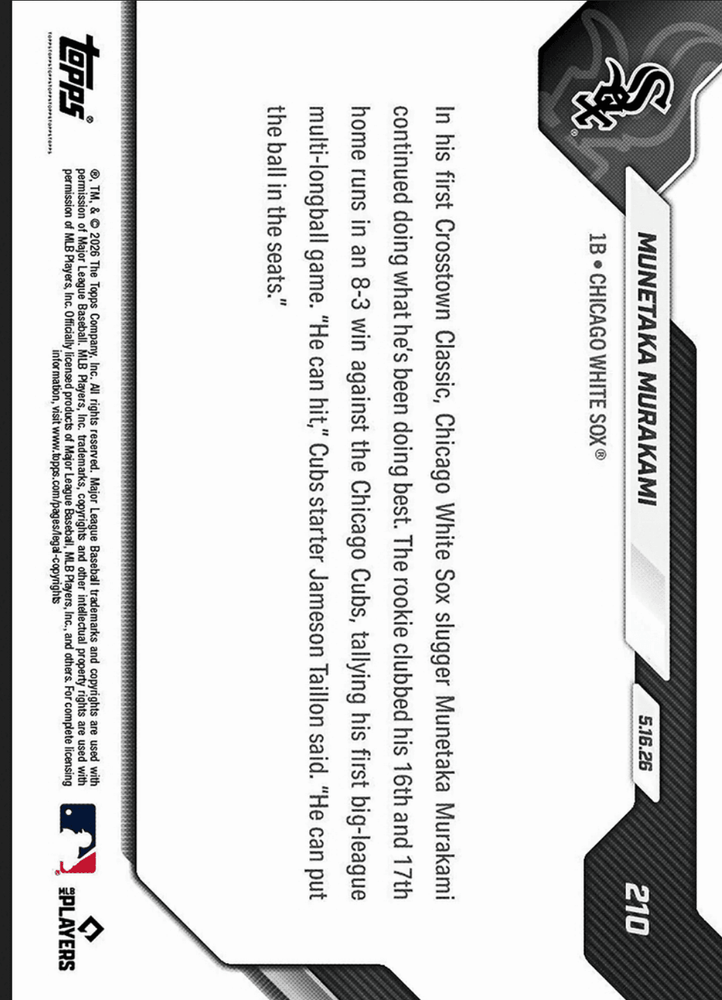 2026 Topps Now Munetaka Murakami #210SP 1st Multi Home Run Game Comes in Rivalry Victory Chicago White Sox Rookie RC Baseball Card